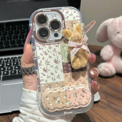 Cute Clear Phone Case With Detachable 3D Plush Bunny Ornament, Sweet Floral Patchwork Shock‑Resistant Protective Case For iPhone Series