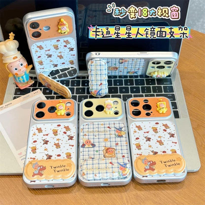 Cute Retro Print Phone Case with 3D Twinkle Doll Ornament & Built‑in Foldable Stand, Shock‑Proof Bumper Protective Cover For iPhone Series