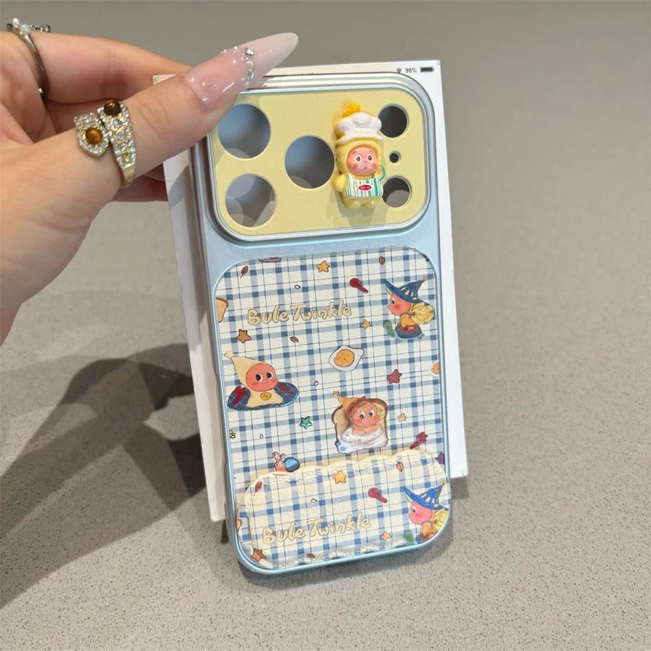 Cute Retro Print Phone Case with 3D Twinkle Doll Ornament & Built‑in Foldable Stand, Shock‑Proof Bumper Protective Cover For iPhone Series