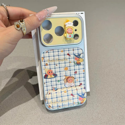 Cute Retro Print Phone Case with 3D Twinkle Doll Ornament & Built‑in Foldable Stand, Shock‑Proof Bumper Protective Cover For iPhone Series