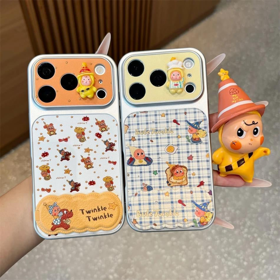 Cute Retro Print Phone Case with 3D Twinkle Doll Ornament & Built‑in Foldable Stand, Shock‑Proof Bumper Protective Cover For iPhone Series