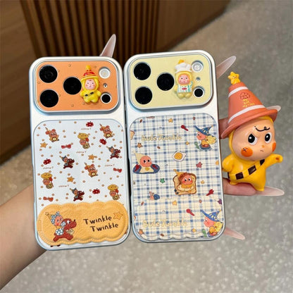 Cute Retro Print Phone Case with 3D Twinkle Doll Ornament & Built‑in Foldable Stand, Shock‑Proof Bumper Protective Cover For iPhone Series