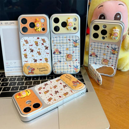 Cute Retro Print Phone Case with 3D Twinkle Doll Ornament & Built‑in Foldable Stand, Shock‑Proof Bumper Protective Cover For iPhone Series