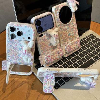 Cute Floral Bunny Phone Case Built‑in Mirror Kickstand 3D Plush Rabbit Decor Protective Phone Cover For Multiple Phone Models