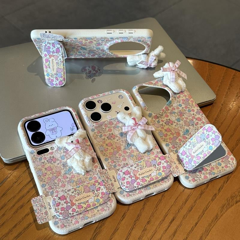 Cute Floral Bunny Phone Case Built‑in Mirror Kickstand 3D Plush Rabbit Decor Protective Phone Cover For Multiple Phone Models