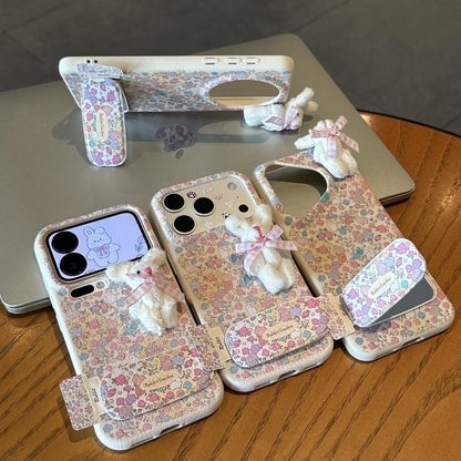 Cute Floral Bunny Phone Case Built‑in Mirror Kickstand 3D Plush Rabbit Decor Protective Phone Cover For Multiple Phone Models