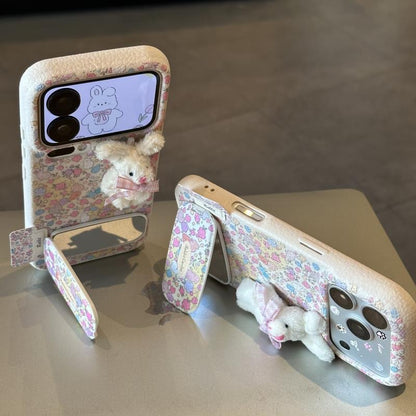 Cute Floral Bunny Phone Case Built‑in Mirror Kickstand 3D Plush Rabbit Decor Protective Phone Cover For Multiple Phone Models