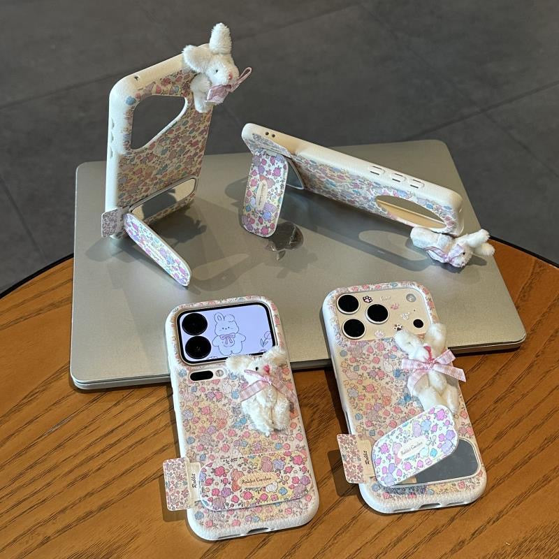 Cute Floral Bunny Phone Case Built‑in Mirror Kickstand 3D Plush Rabbit Decor Protective Phone Cover For Multiple Phone Models