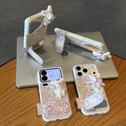 Cute Floral Bunny Phone Case Built‑in Mirror Kickstand 3D Plush Rabbit Decor Protective Phone Cover For Multiple Phone Models