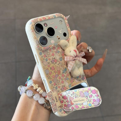 Cute Floral Bunny Phone Case Built‑in Mirror Kickstand 3D Plush Rabbit Decor Protective Phone Cover For Multiple Phone Models