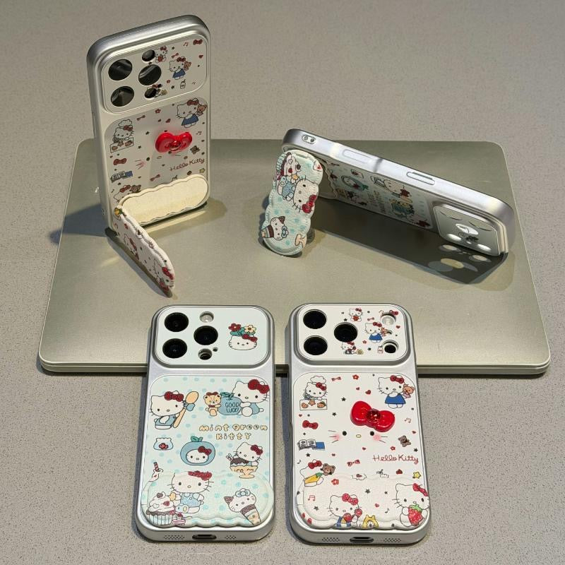 Cute Cartoon Bow Kitty Pattern Phone Case Built‑in Mirror Kickstand Large Camera Window Protective Phone Cover For iPhone