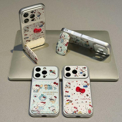 Cute Cartoon Bow Kitty Pattern Phone Case Built‑in Mirror Kickstand Large Camera Window Protective Phone Cover For iPhone