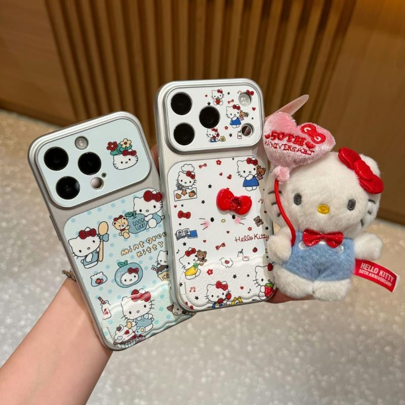 Cute Cartoon Bow Kitty Pattern Phone Case Built‑in Mirror Kickstand Large Camera Window Protective Phone Cover For iPhone