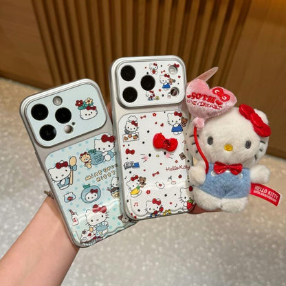 Cute Cartoon Bow Kitty Pattern Phone Case Built‑in Mirror Kickstand Large Camera Window Protective Phone Cover For iPhone