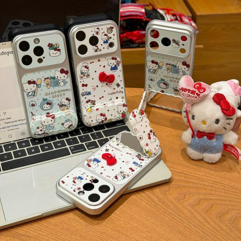 Cute Cartoon Bow Kitty Pattern Phone Case Built‑in Mirror Kickstand Large Camera Window Protective Phone Cover For iPhone