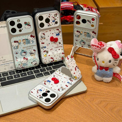 Cute Cartoon Bow Kitty Pattern Phone Case Built‑in Mirror Kickstand Large Camera Window Protective Phone Cover For iPhone
