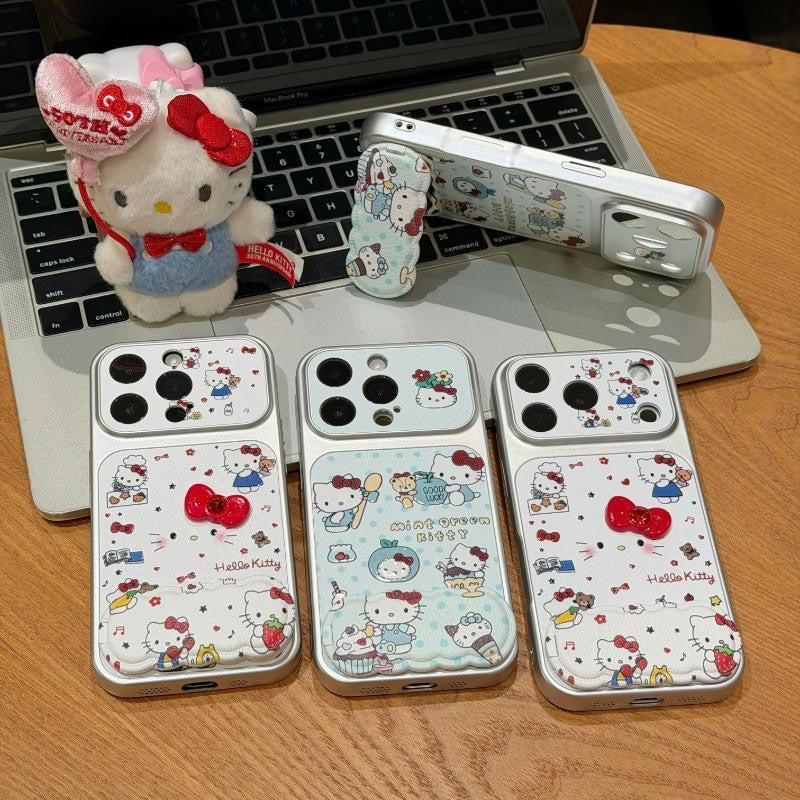 Cute Cartoon Bow Kitty Pattern Phone Case Built‑in Mirror Kickstand Large Camera Window Protective Phone Cover For iPhone