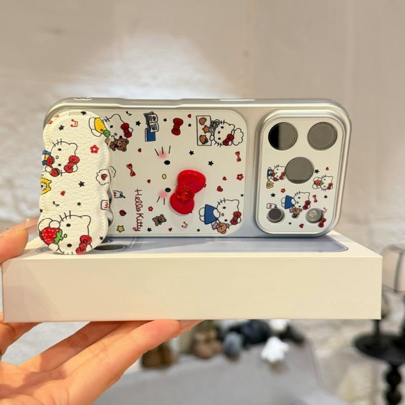 Cute Cartoon Bow Kitty Pattern Phone Case Built‑in Mirror Kickstand Large Camera Window Protective Phone Cover For iPhone