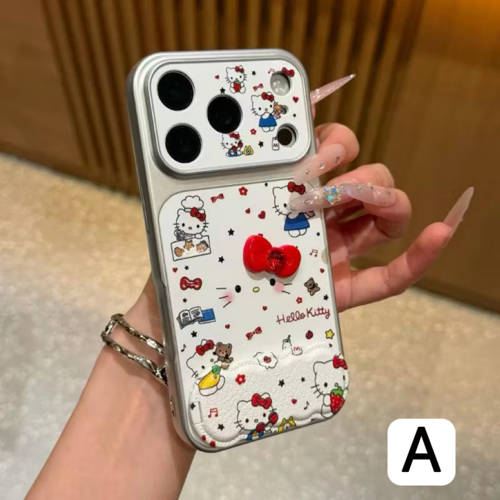 Cute Cartoon Bow Kitty Pattern Phone Case Built‑in Mirror Kickstand Large Camera Window Protective Phone Cover For iPhone