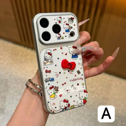 Cute Cartoon Bow Kitty Pattern Phone Case Built‑in Mirror Kickstand Large Camera Window Protective Phone Cover For iPhone