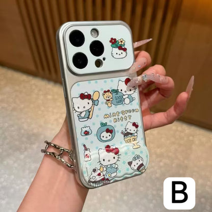 Cute Cartoon Bow Kitty Pattern Phone Case Built‑in Mirror Kickstand Large Camera Window Protective Phone Cover For iPhone