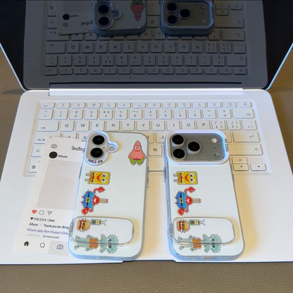 Retro Pixel Cartoon Print Phone Case Transparent Foldable Kickstand Large Camera Frame Shock‑Resistant Phone Cover For iPhone