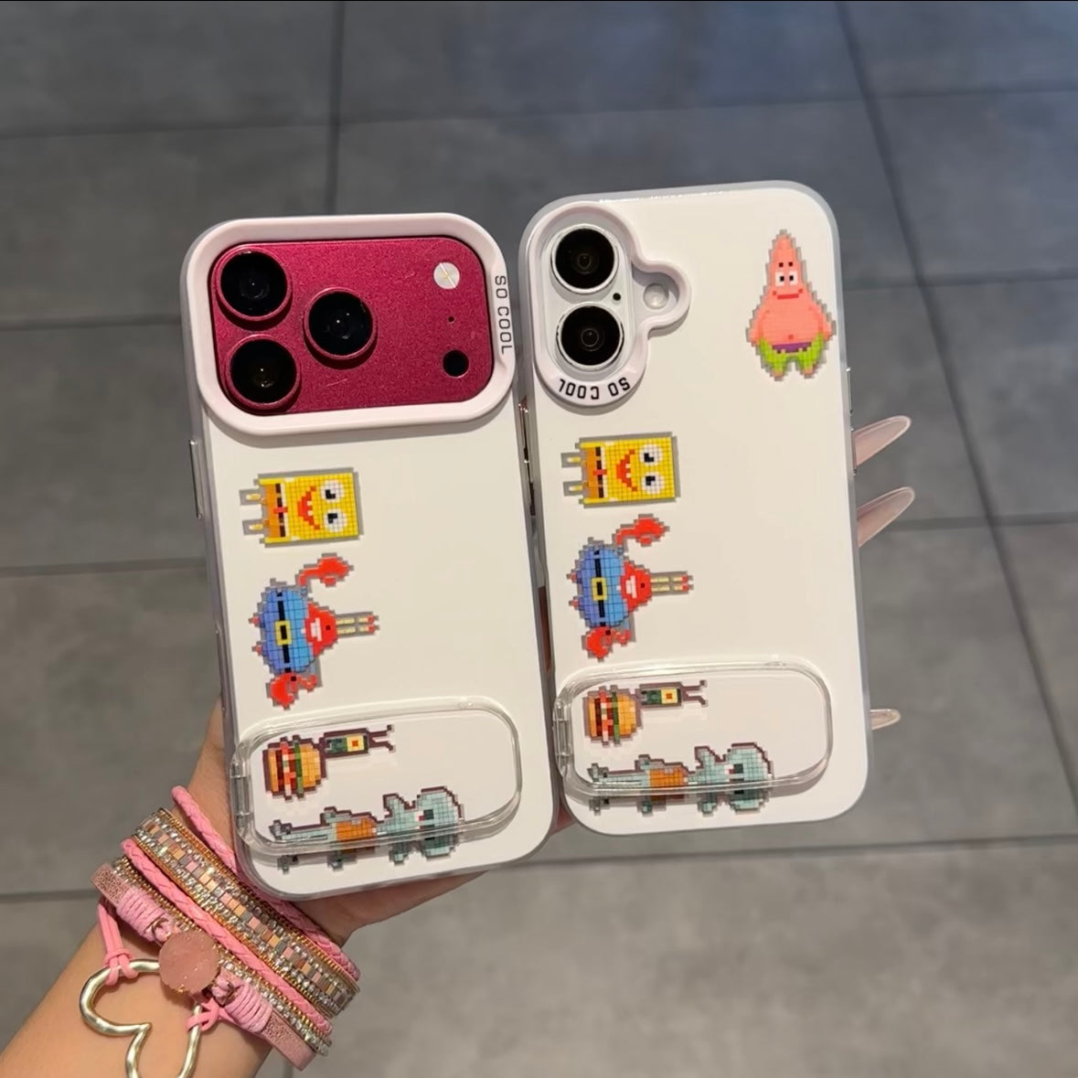 Retro Pixel Cartoon Print Phone Case Transparent Foldable Kickstand Large Camera Frame Shock‑Resistant Phone Cover For iPhone