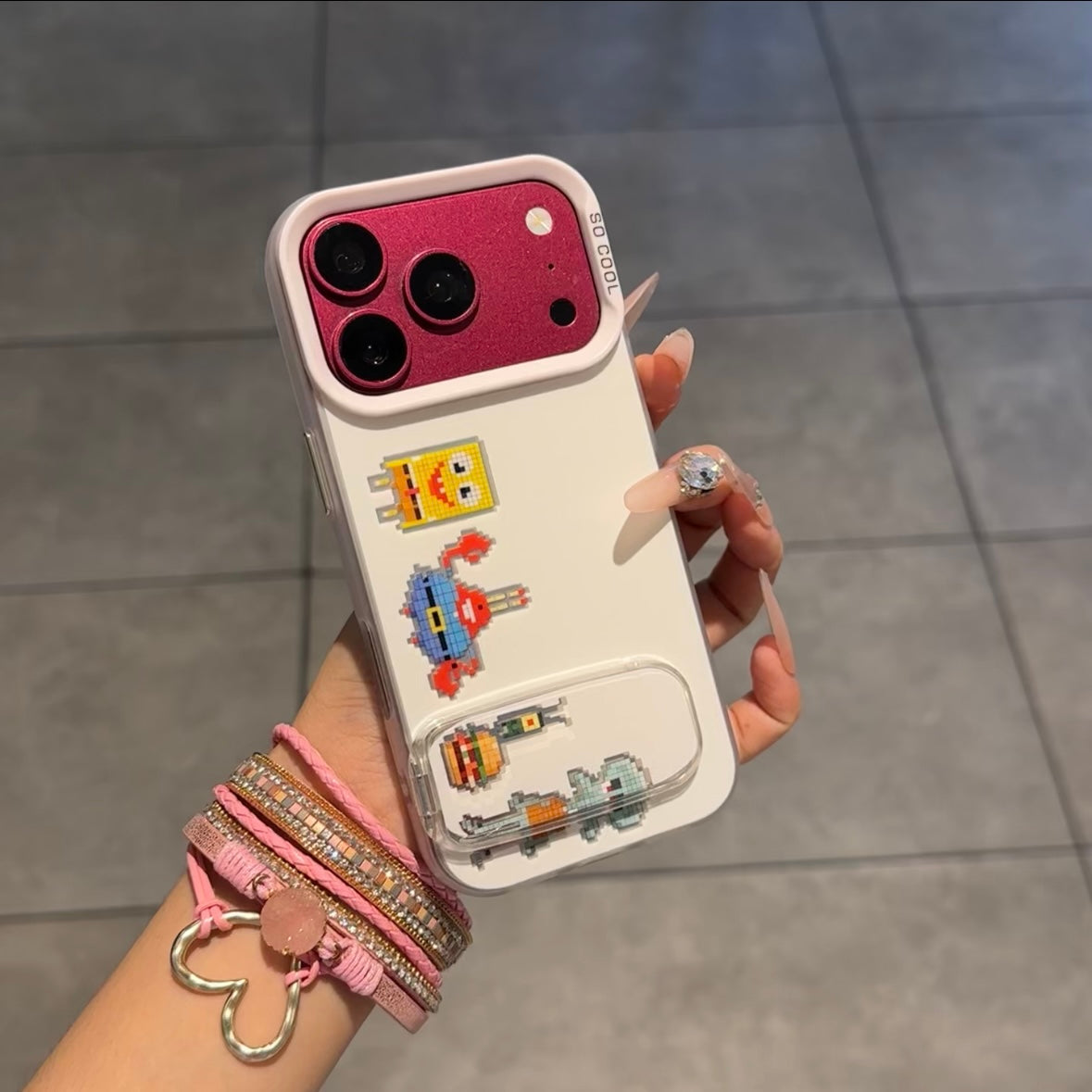 Retro Pixel Cartoon Print Phone Case Transparent Foldable Kickstand Large Camera Frame Shock‑Resistant Phone Cover For iPhone