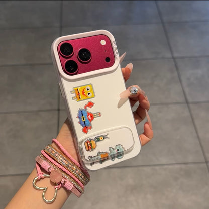 Retro Pixel Cartoon Print Phone Case Transparent Foldable Kickstand Large Camera Frame Shock‑Resistant Phone Cover For iPhone