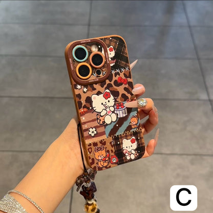 Vintage Aesthetic Leopard Plaid Cartoon Print Phone Case With Bead Wrist Strap, Soft Silicone Protective Shell For iPhone