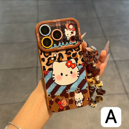 Vintage Aesthetic Leopard Plaid Cartoon Print Phone Case With Bead Wrist Strap, Soft Silicone Protective Shell For iPhone