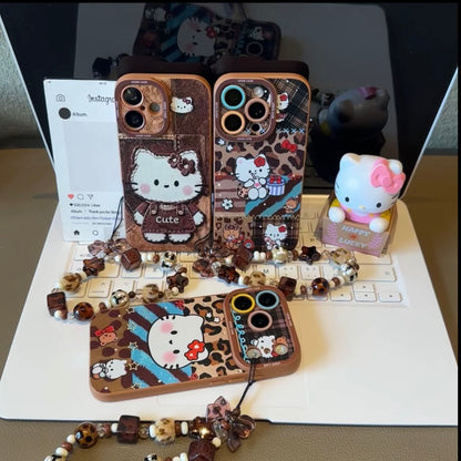 Vintage Aesthetic Leopard Plaid Cartoon Print Phone Case With Bead Wrist Strap, Soft Silicone Protective Shell For iPhone