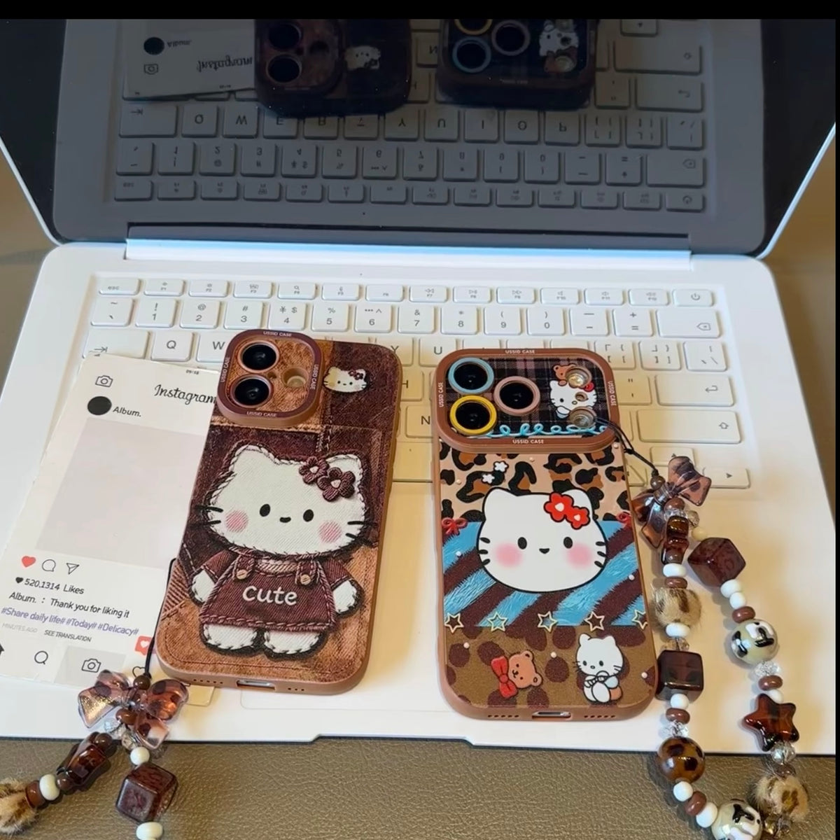 Vintage Aesthetic Leopard Plaid Cartoon Print Phone Case With Bead Wrist Strap, Soft Silicone Protective Shell For iPhone