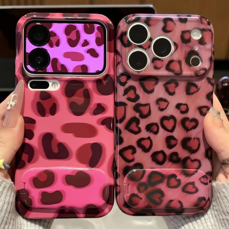 Pink Heart Leopard Pattern Mirror Phone Case, Cute Protective Cover for Smartphone