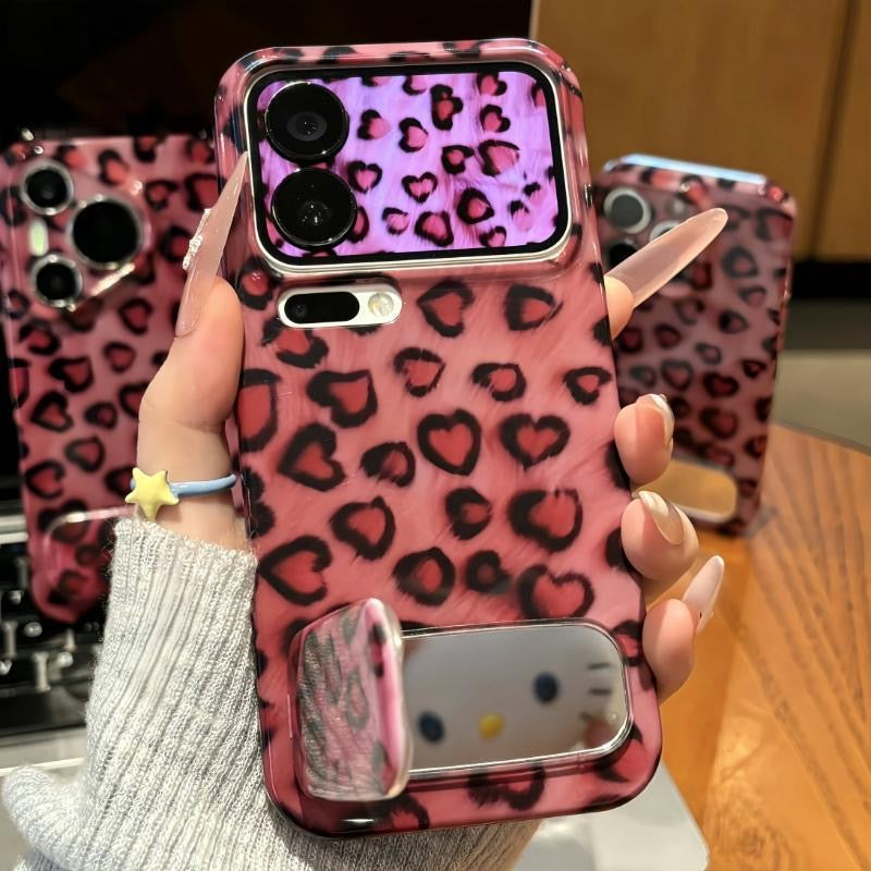 Pink Heart Leopard Pattern Mirror Phone Case, Cute Protective Cover for Smartphone