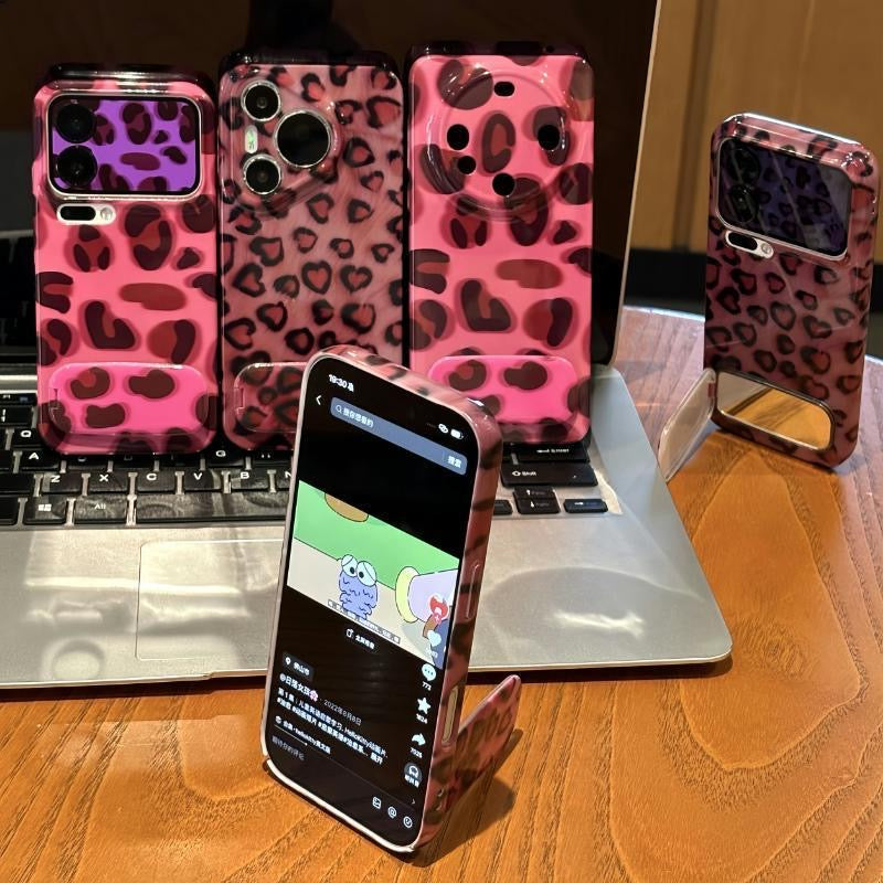 Pink Heart Leopard Pattern Mirror Phone Case, Cute Protective Cover for Smartphone