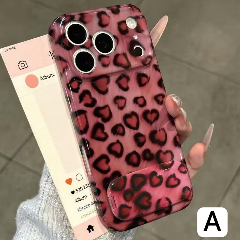 Pink Heart Leopard Pattern Mirror Phone Case, Cute Protective Cover for Smartphone