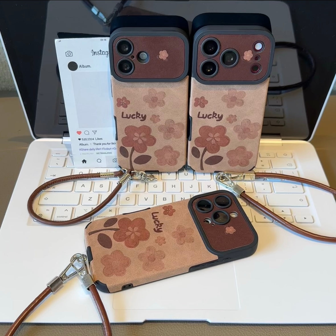 Vintage Brown Floral Lucky Phone Case, Camera Cutout Protective Cover With Detachable Leather Wrist Strap For iPhone