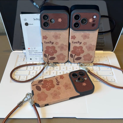 Vintage Brown Floral Lucky Phone Case, Camera Cutout Protective Cover With Detachable Leather Wrist Strap For iPhone