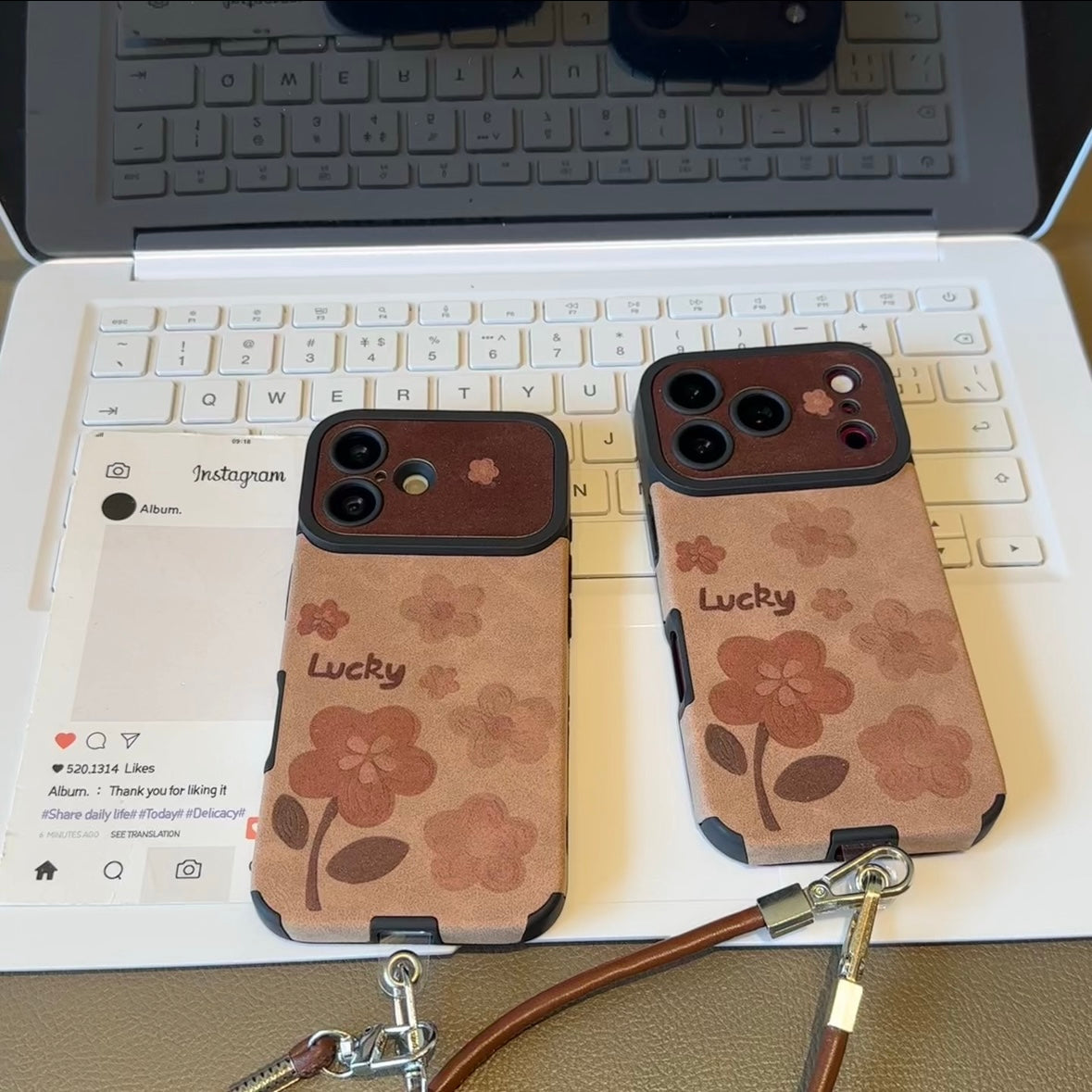 Vintage Brown Floral Lucky Phone Case, Camera Cutout Protective Cover With Detachable Leather Wrist Strap For iPhone