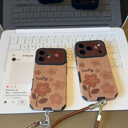 Vintage Brown Floral Lucky Phone Case, Camera Cutout Protective Cover With Detachable Leather Wrist Strap For iPhone