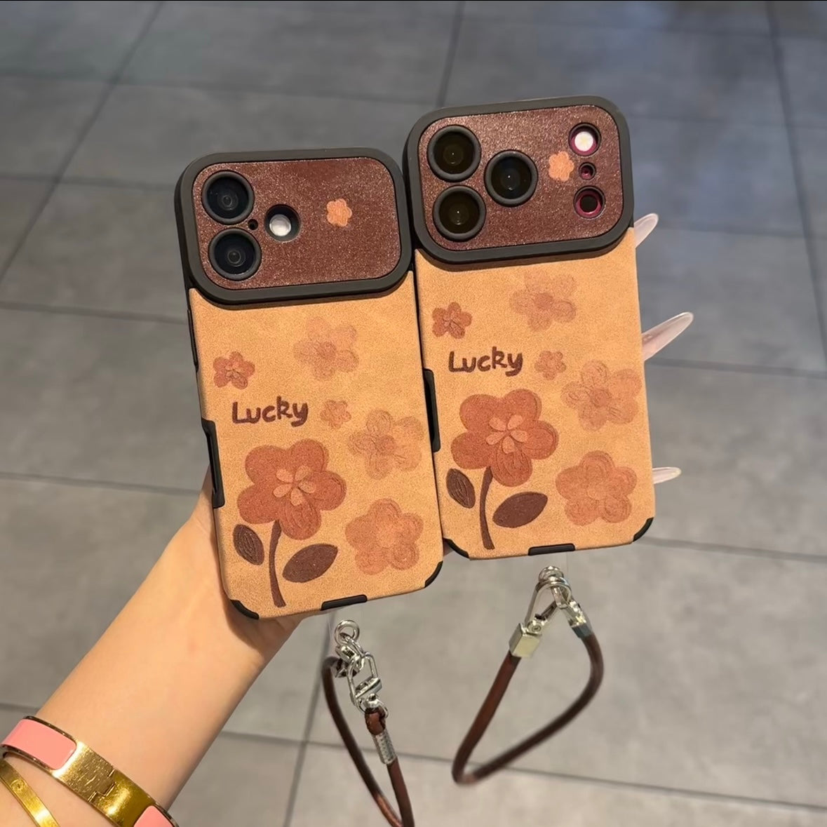 Vintage Brown Floral Lucky Phone Case, Camera Cutout Protective Cover With Detachable Leather Wrist Strap For iPhone