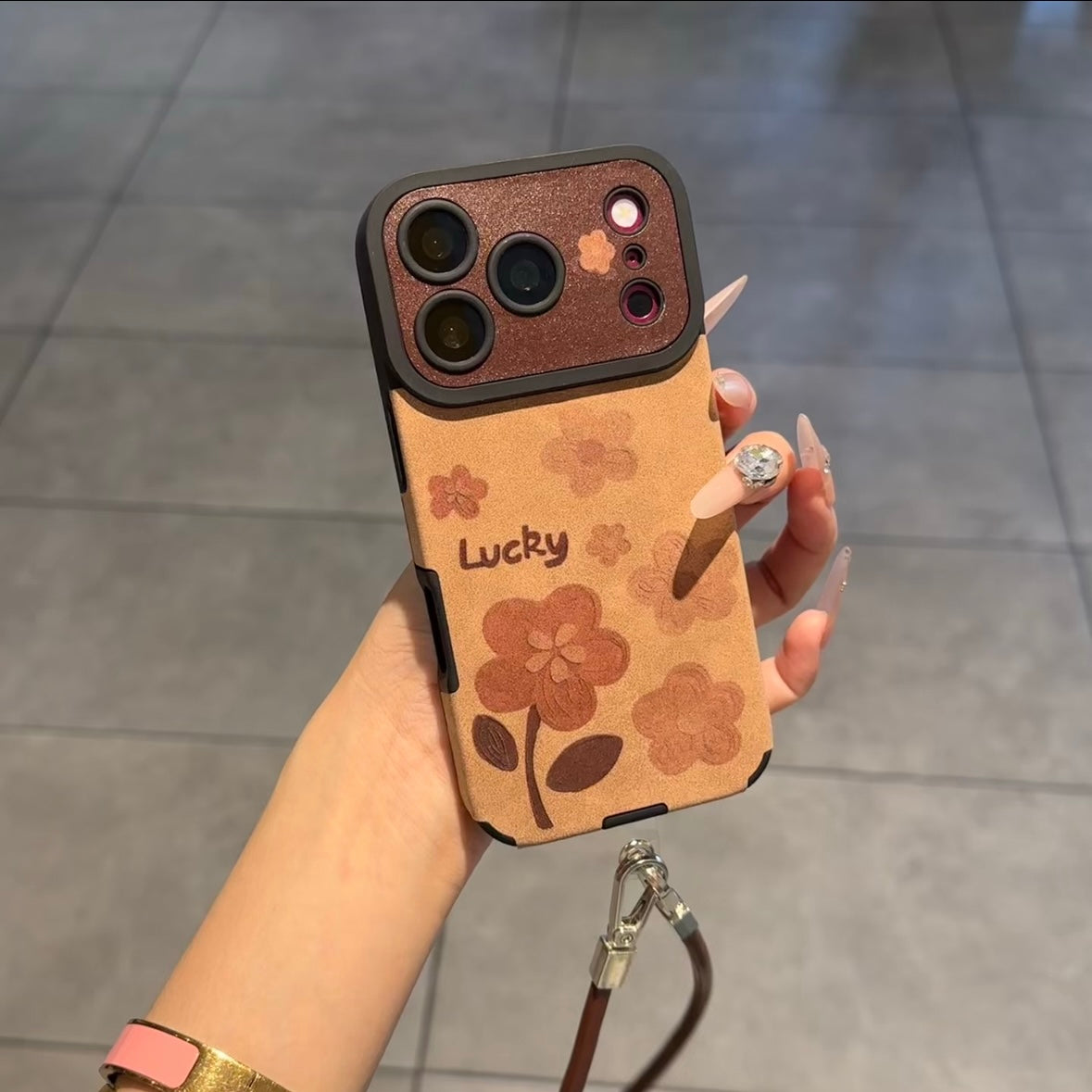 Vintage Brown Floral Lucky Phone Case, Camera Cutout Protective Cover With Detachable Leather Wrist Strap For iPhone