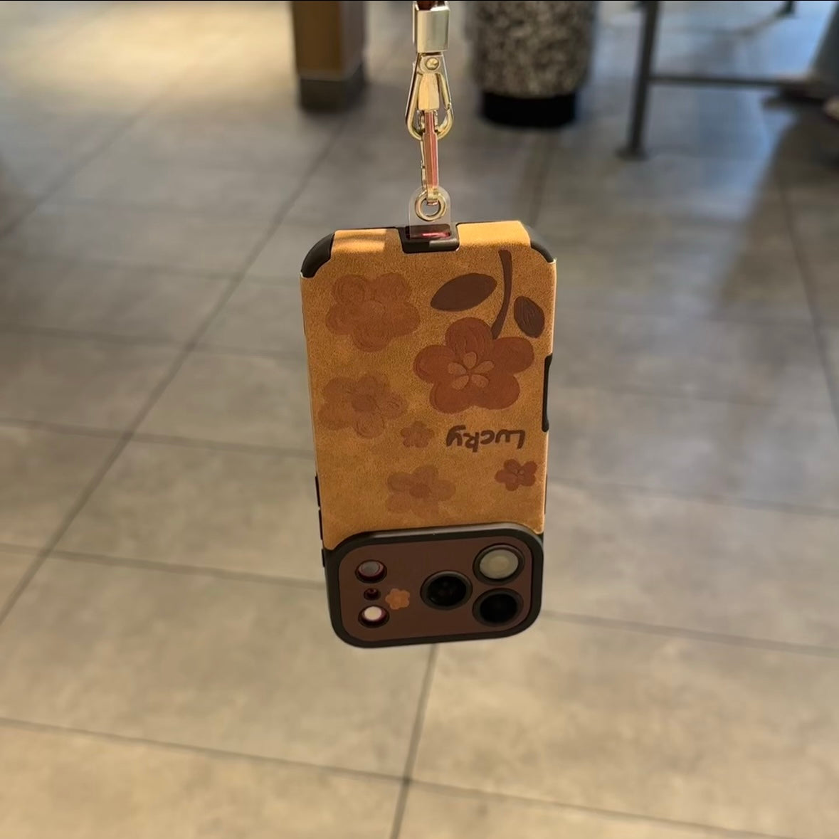 Vintage Brown Floral Lucky Phone Case, Camera Cutout Protective Cover With Detachable Leather Wrist Strap For iPhone