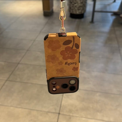 Vintage Brown Floral Lucky Phone Case, Camera Cutout Protective Cover With Detachable Leather Wrist Strap For iPhone