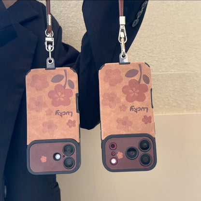 Vintage Brown Floral Lucky Phone Case, Camera Cutout Protective Cover With Detachable Leather Wrist Strap For iPhone