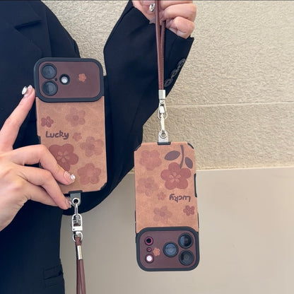 Vintage Brown Floral Lucky Phone Case, Camera Cutout Protective Cover With Detachable Leather Wrist Strap For iPhone