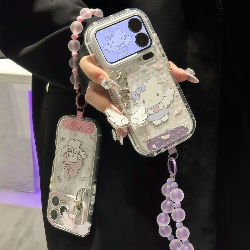Cute Melody Kitty Angel Wings Clear Phone Case, Sparkly Transparent Shockproof Cover with Pink Purple Beaded Strap for iPhone