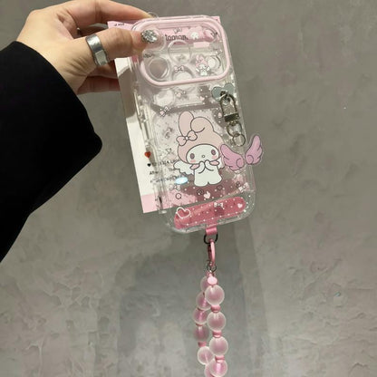 Cute Melody Kitty Angel Wings Clear Phone Case, Sparkly Transparent Shockproof Cover with Pink Purple Beaded Strap for iPhone