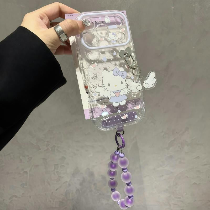 Cute Melody Kitty Angel Wings Clear Phone Case, Sparkly Transparent Shockproof Cover with Pink Purple Beaded Strap for iPhone